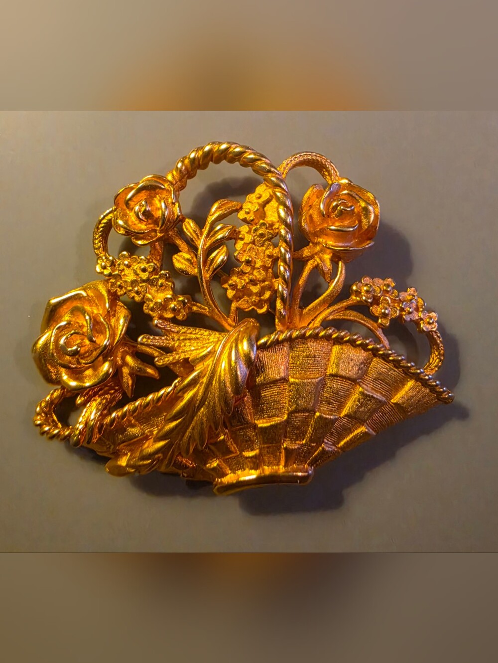 Vintage Gold Tone Floral Basket Brooch